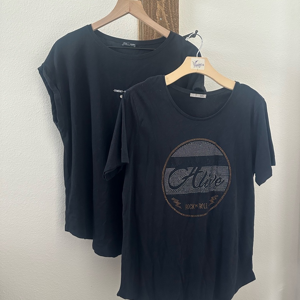 Zara Black Graphic Tees rhinestone
